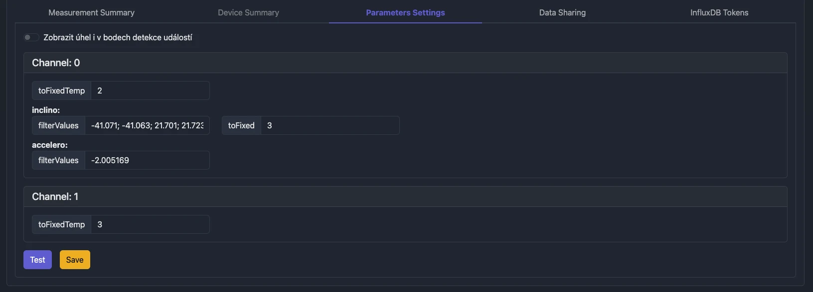 Screenshot: Parameters Settings tab with channel sections and Test/Save controls