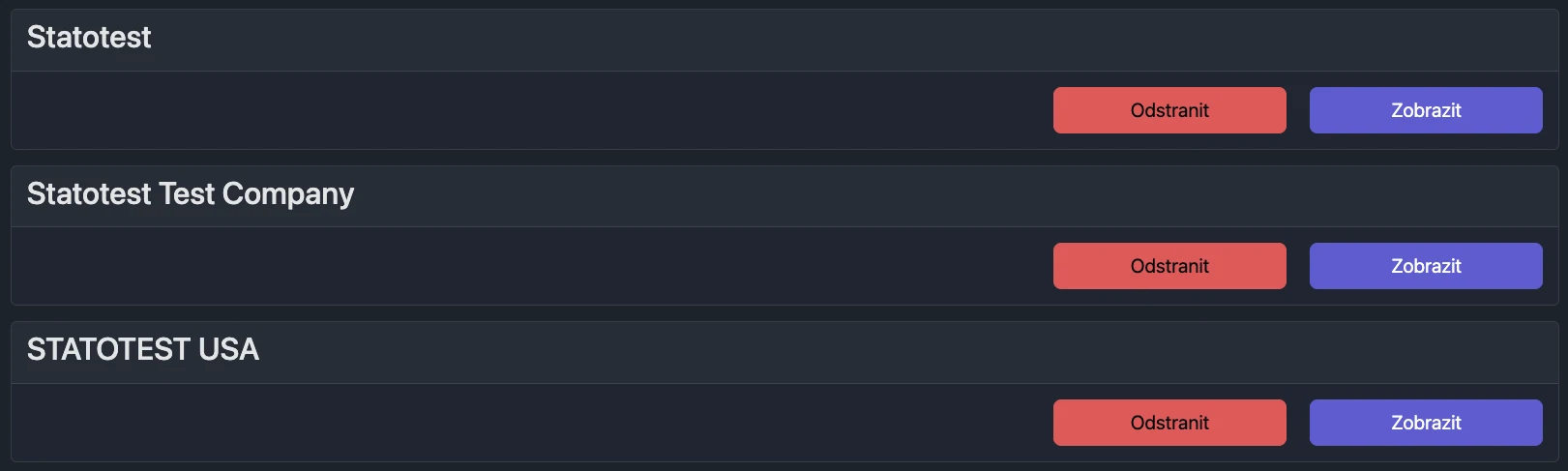 Screenshot: Organizations page showing multiple cards with Show/Hide and Delete buttons