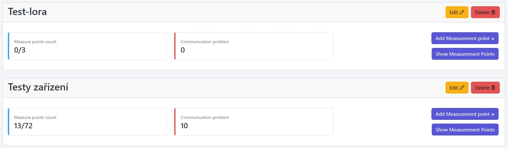 Screenshot: Construction card showing stats, Add Measurement Point, and Show table