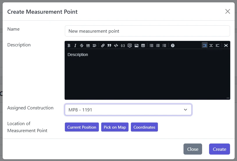Screenshot: Create Measurement Point modal with fields