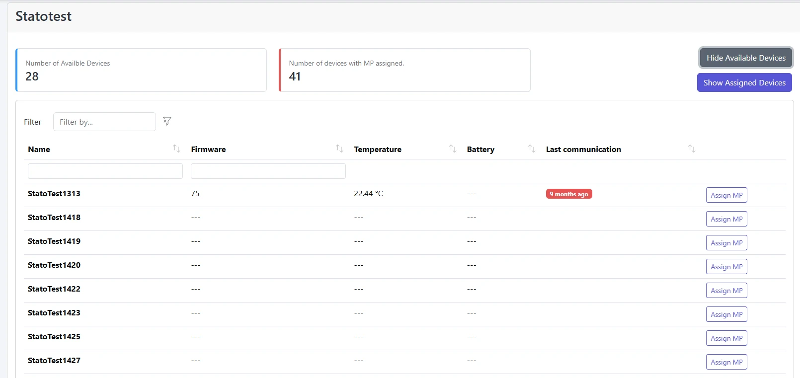Available devices table