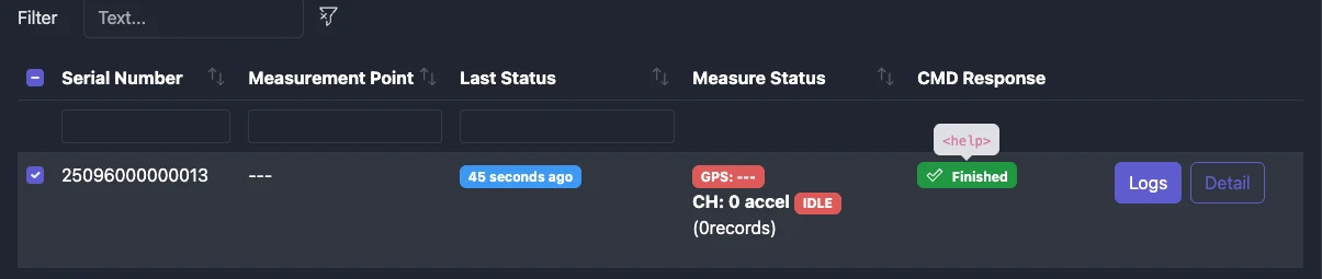 Screenshot: Devices table with selection checkboxes and status columns highlighted