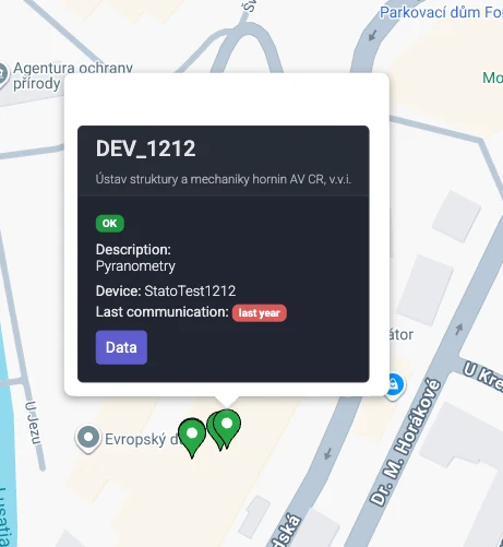 Info window with MP name, status badge, device name, last communication, and View Data button