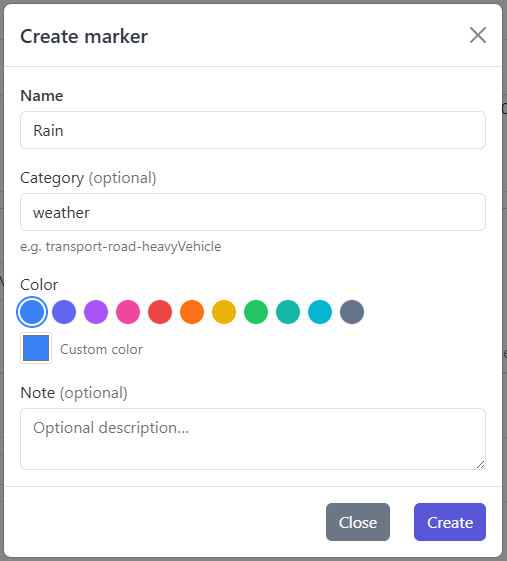 Screenshot: Create marker form with name, category, color palette, and note fields