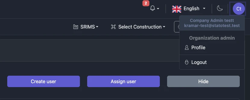 Screenshot: Top-right user menu with Profile option highlighted