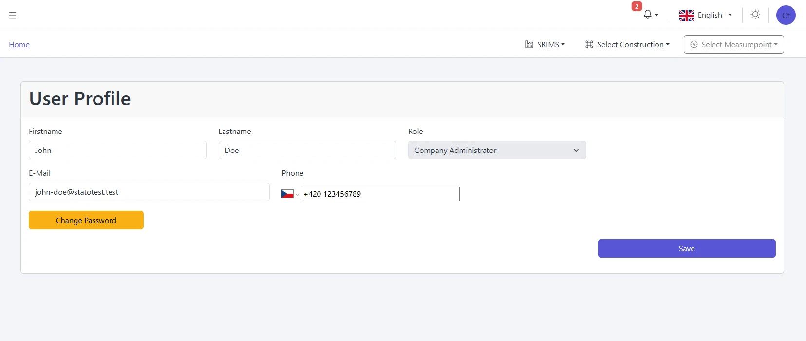 Screenshot: User Profile page showing personal information fields and Change Password button