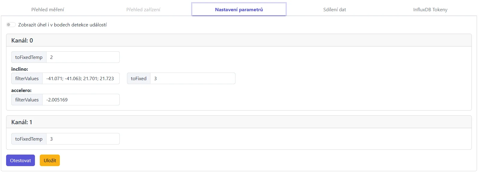 Snímek obrazovky: Záložka Nastavení parametrů se sekcemi kanálů a ovládáním Test/Uložit