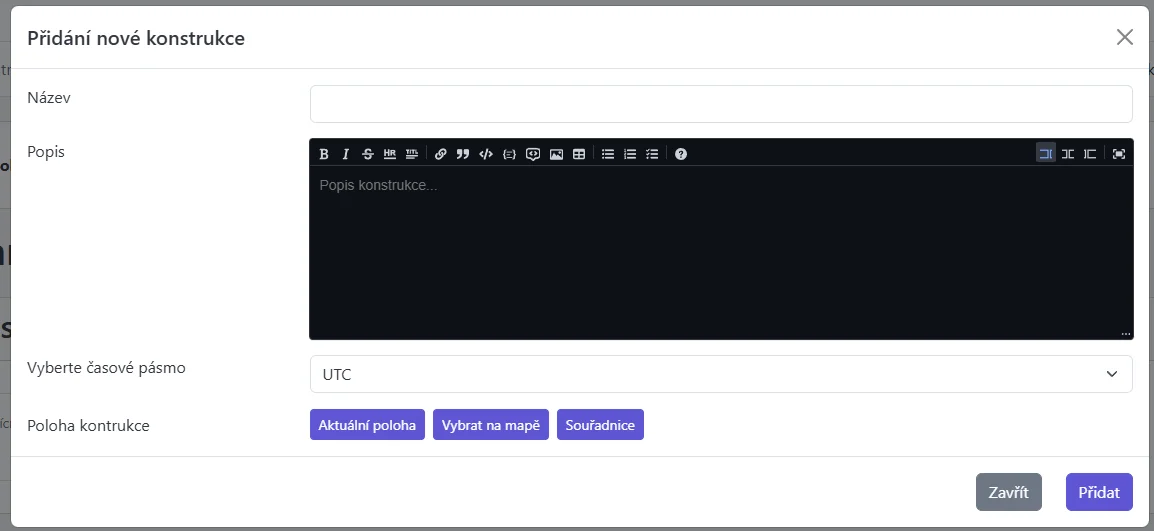 Snímek obrazovky: Dialog vytvoření Konstrukce s poli