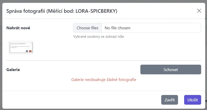 Snímek obrazovky: Dialog Správa obrázků s výběrem souborů, čekajícím seznamem a mřížkou galerie