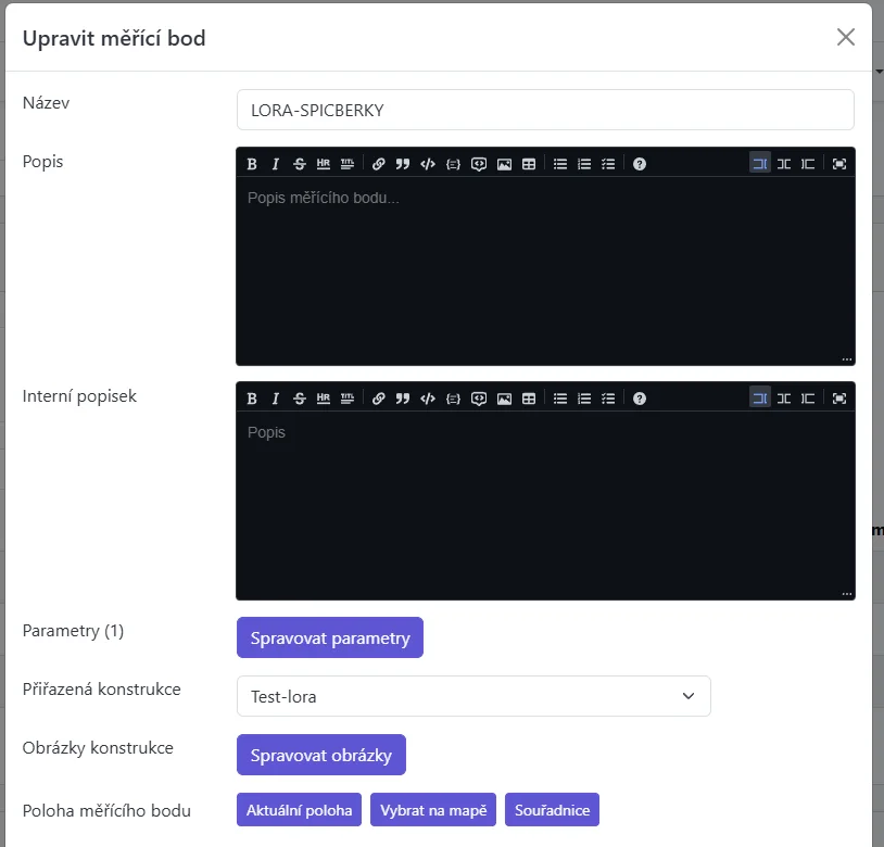 Snímek obrazovky: Dialog úpravy Měřícího bodu s lokací, výběrem konstrukce, tlačítky Parametry a Obrázky
