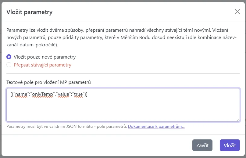 Snímek obrazovky: Dialog vložení parametrů s JSON polem a volbami Přidat/Přepsat