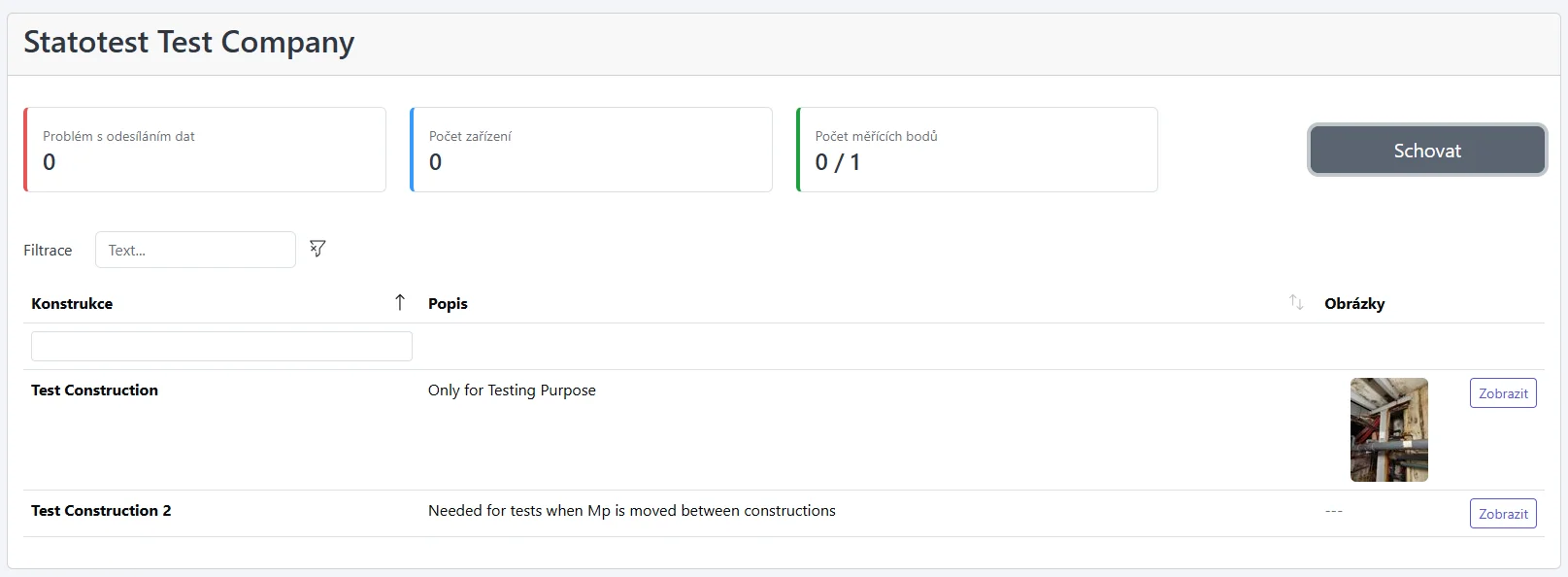 Snímek obrazovky: Tabulka Konstrukcí se sloupci a zvýrazněným tlačítkem Zobrazit