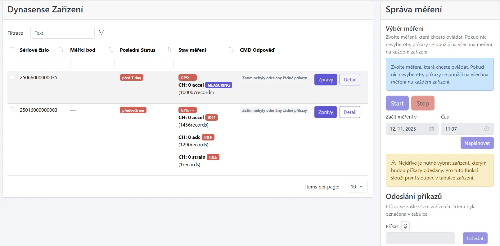 Screenshot: Stránka DynaBoard se zobrazenými panely Zařízení a Měření