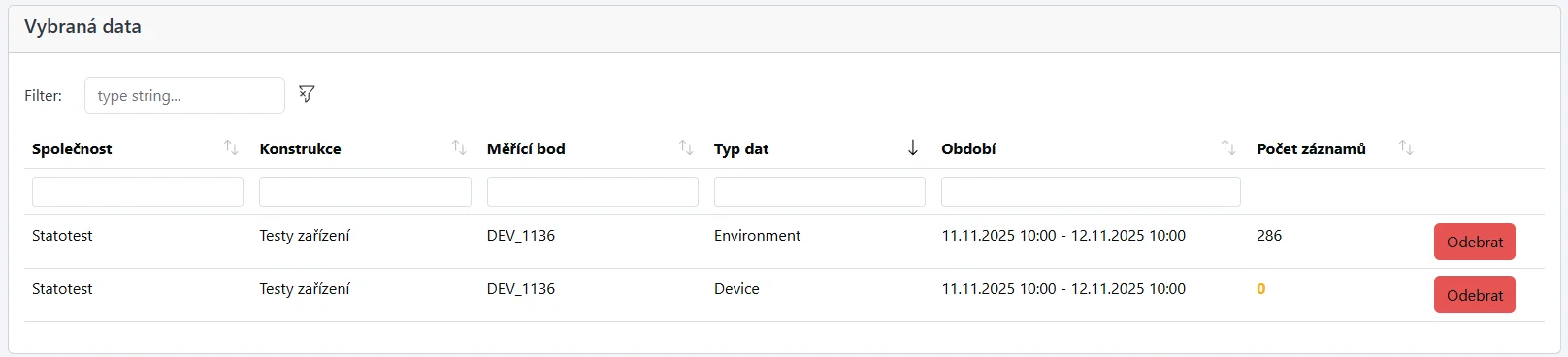 Screenshot: Tabulka vybraných dat s tlačítkem Odstranit