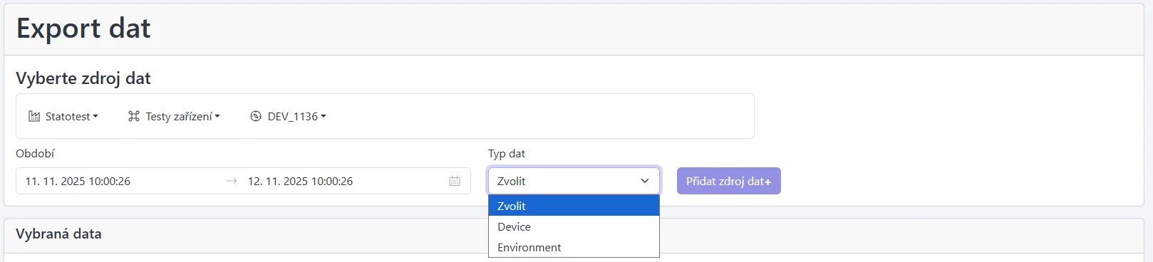 Screenshot: Výběr typu dat a tlačítko Přidat zdroj dat