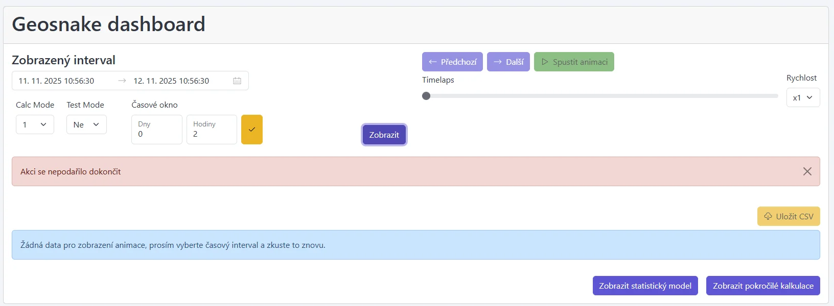 Snímek obrazovky: Upozornění „Žádná data“ pod grafy