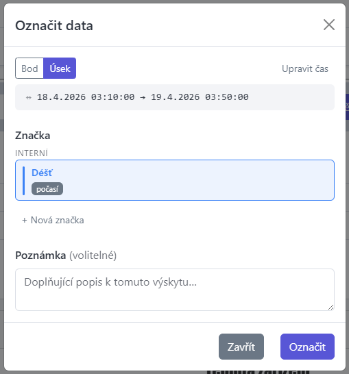 Snímek obrazovky: Dialog Označit data s přepínačem Bod/Úsek, vybraným časovým rozsahem, výběrem značky a polem pro poznámku