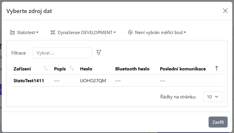 Otevřený modal BLE hesla se selektory entit a tabulkou zařízení se sloupcem BLE hesla