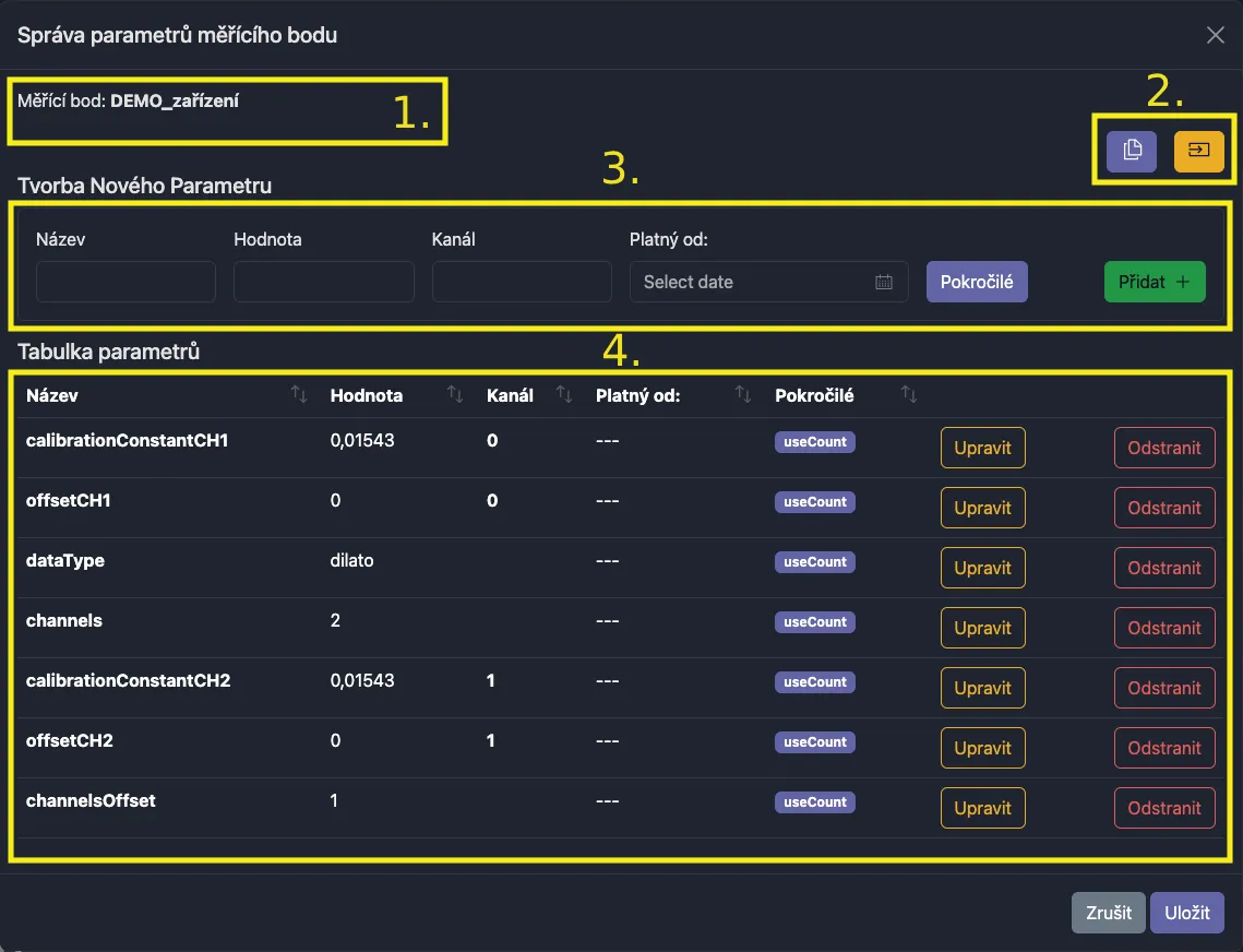 Parameter management dialog
