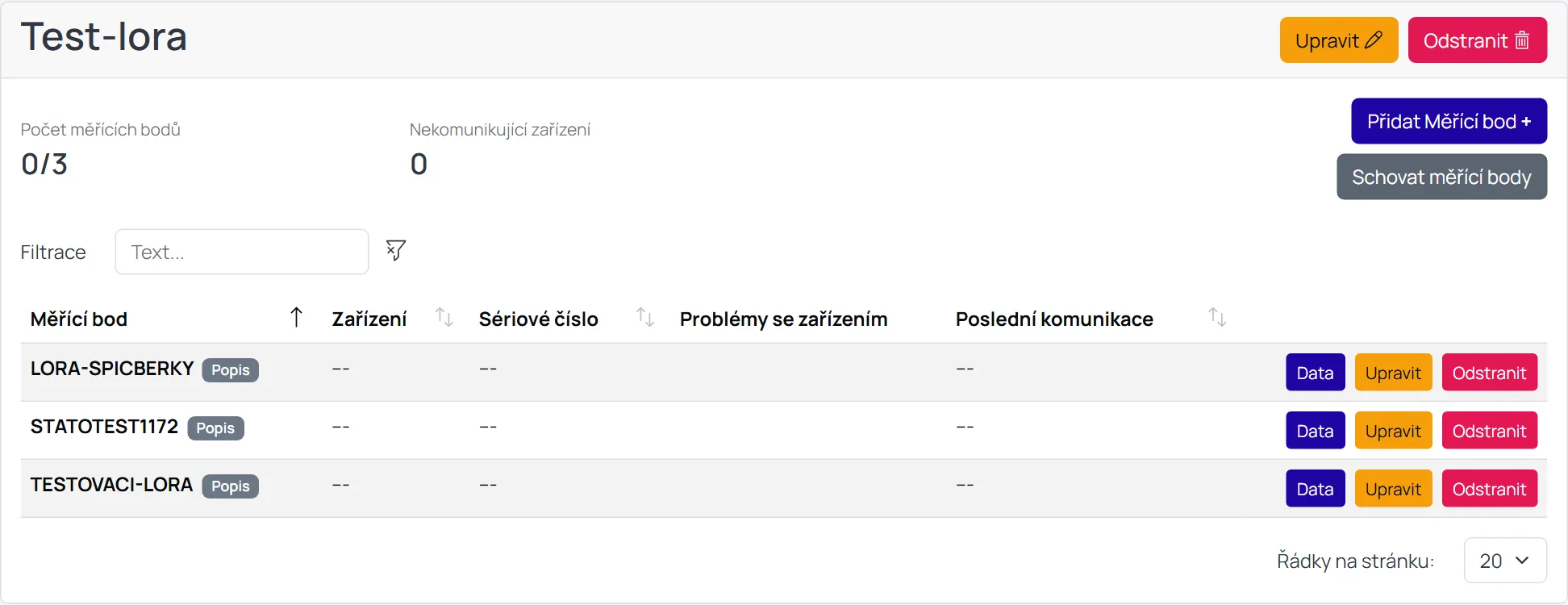 Snímek obrazovky: Karta Konstrukce se statistikami, tlačítkem Přidat Měřicí bod a Zobrazit tabulku
