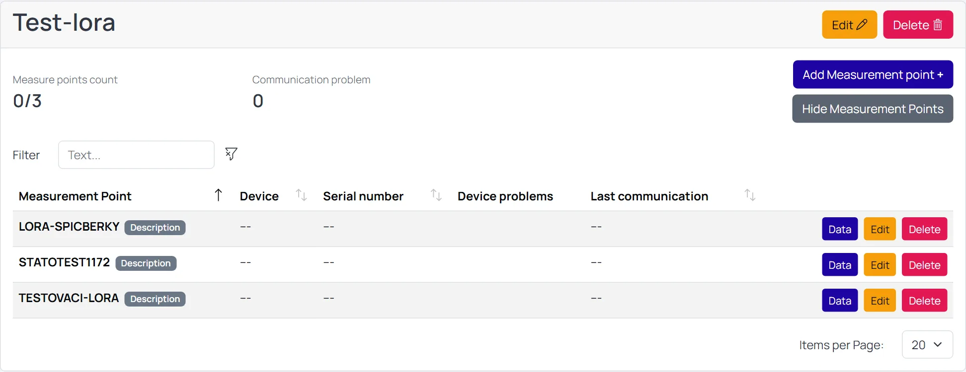 Screenshot: Construction card showing stats, Add Measurement Point, and Show table