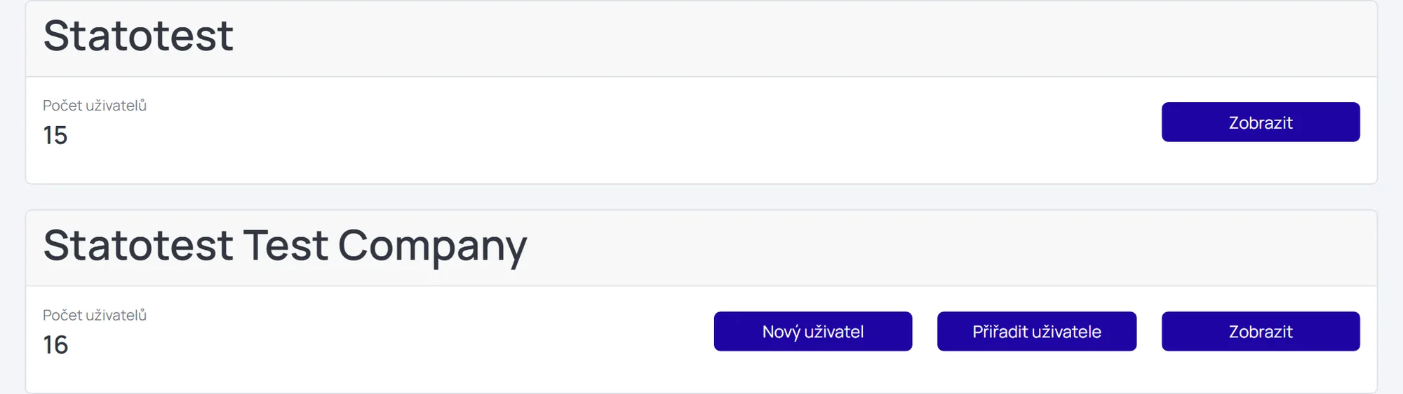 Screenshot: Stránka Uživatelé s kartami Organizací, počtem uživatelů a akčními tlačítky
